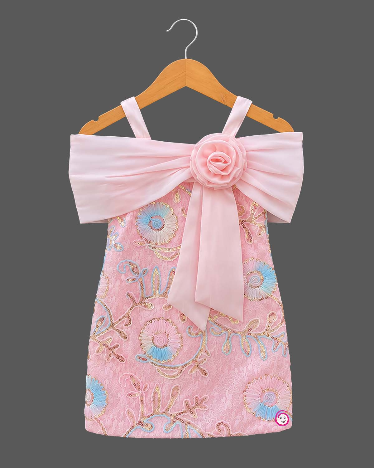 Embroidered baby party wear dress with off-shoulder rosette design and sequined floral lace.