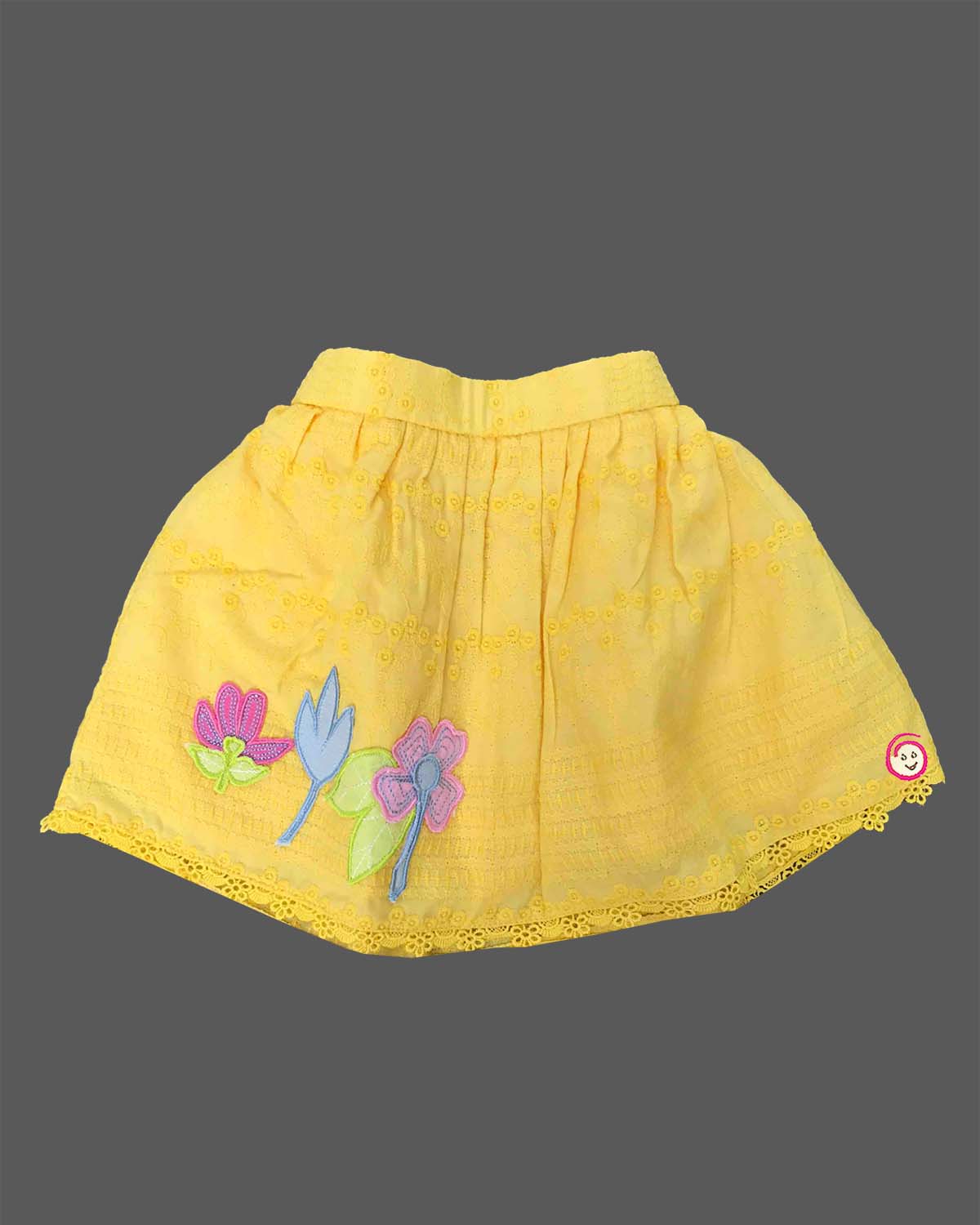 Toddler yellow cotton schiffli top and skirt set with floral appliques