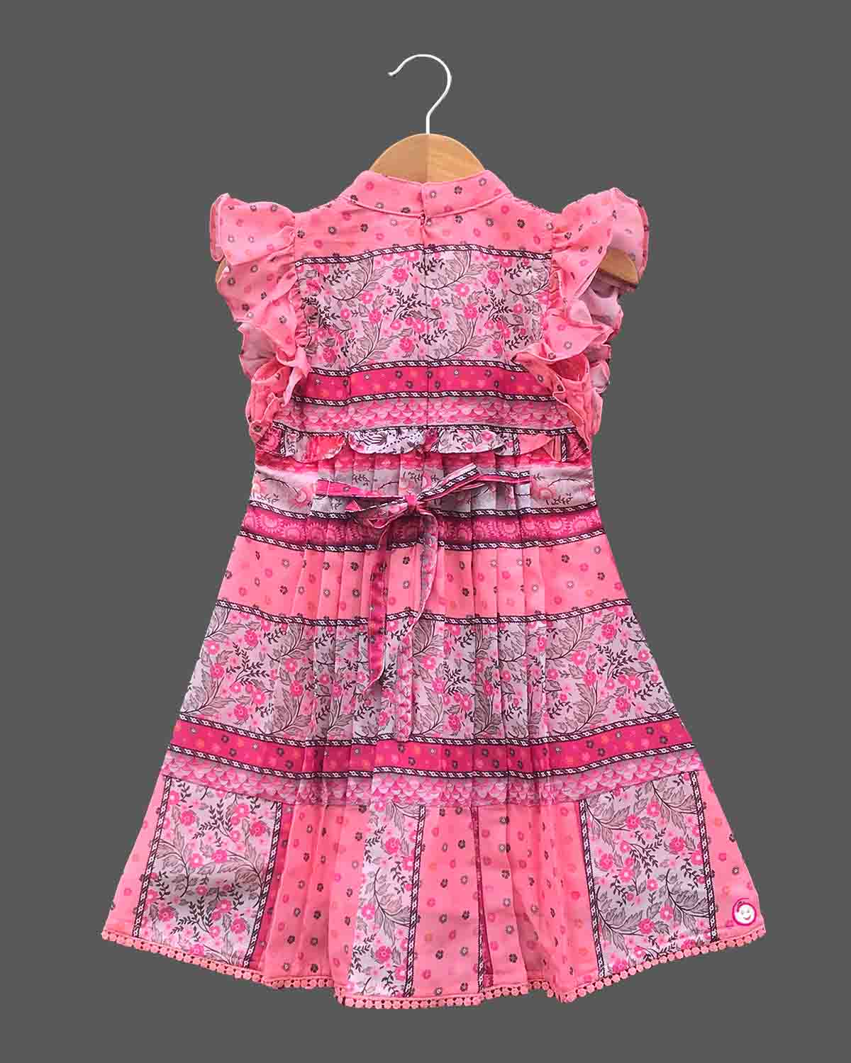Girls printed frill sleeve casual frock - Pink