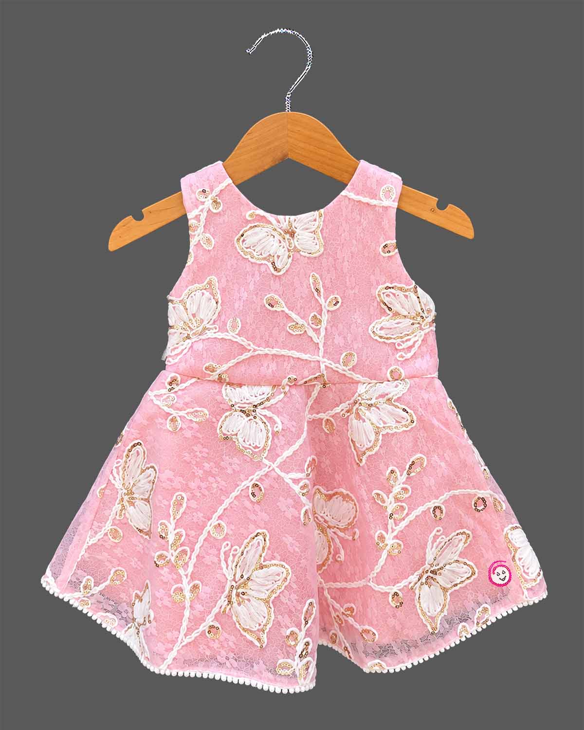 Girls sequin embroidered butterfly lace frock featuring a tailored jacket set for party wear.