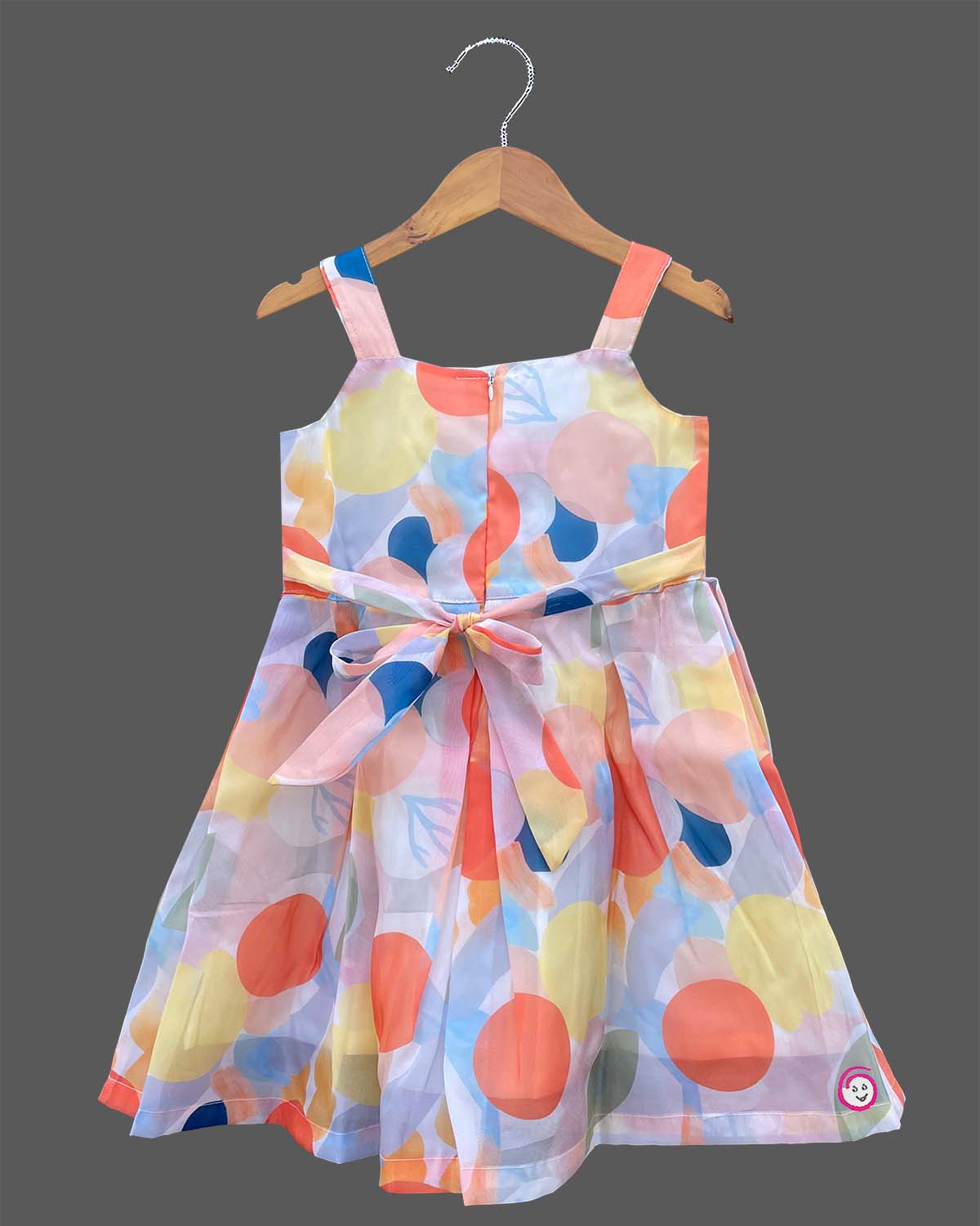 Multicolor orange and peach toddler cotton floral dress with waist flowers