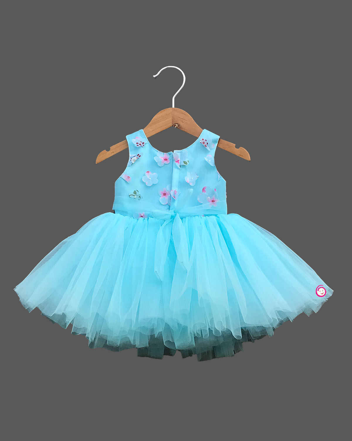 Girls bow applique party frock - Sky Blue
