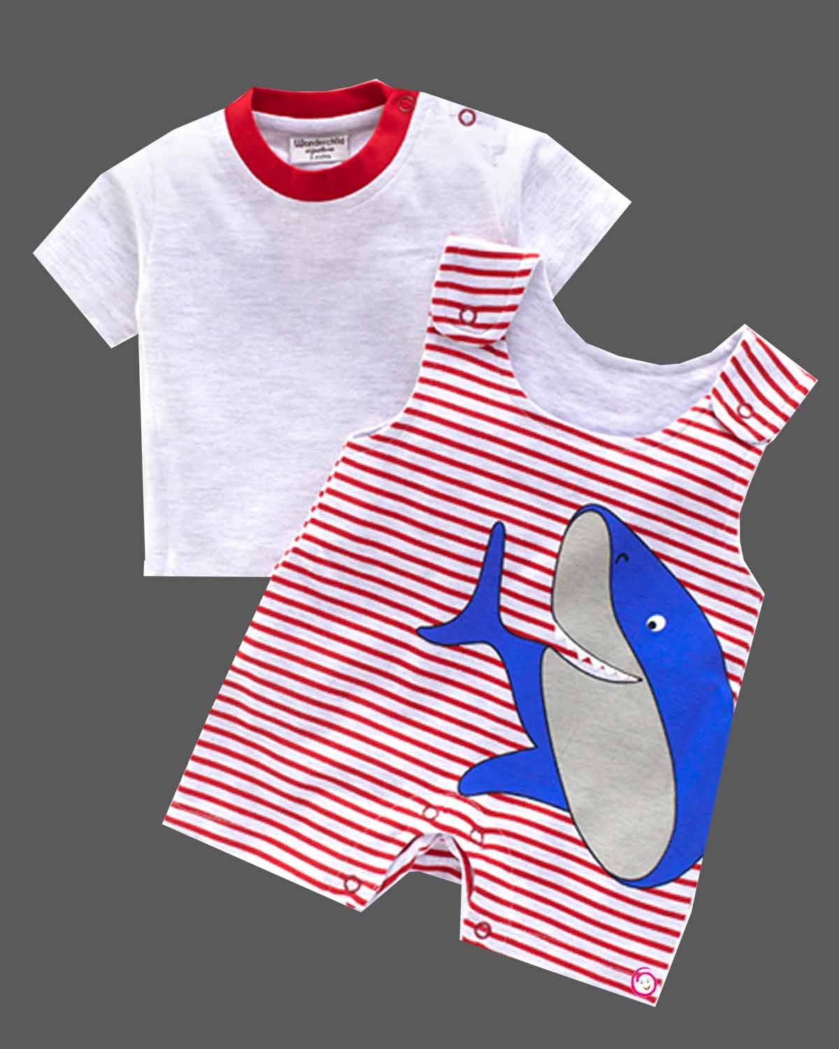 Boys fish printed romper with half sleeve top - Red