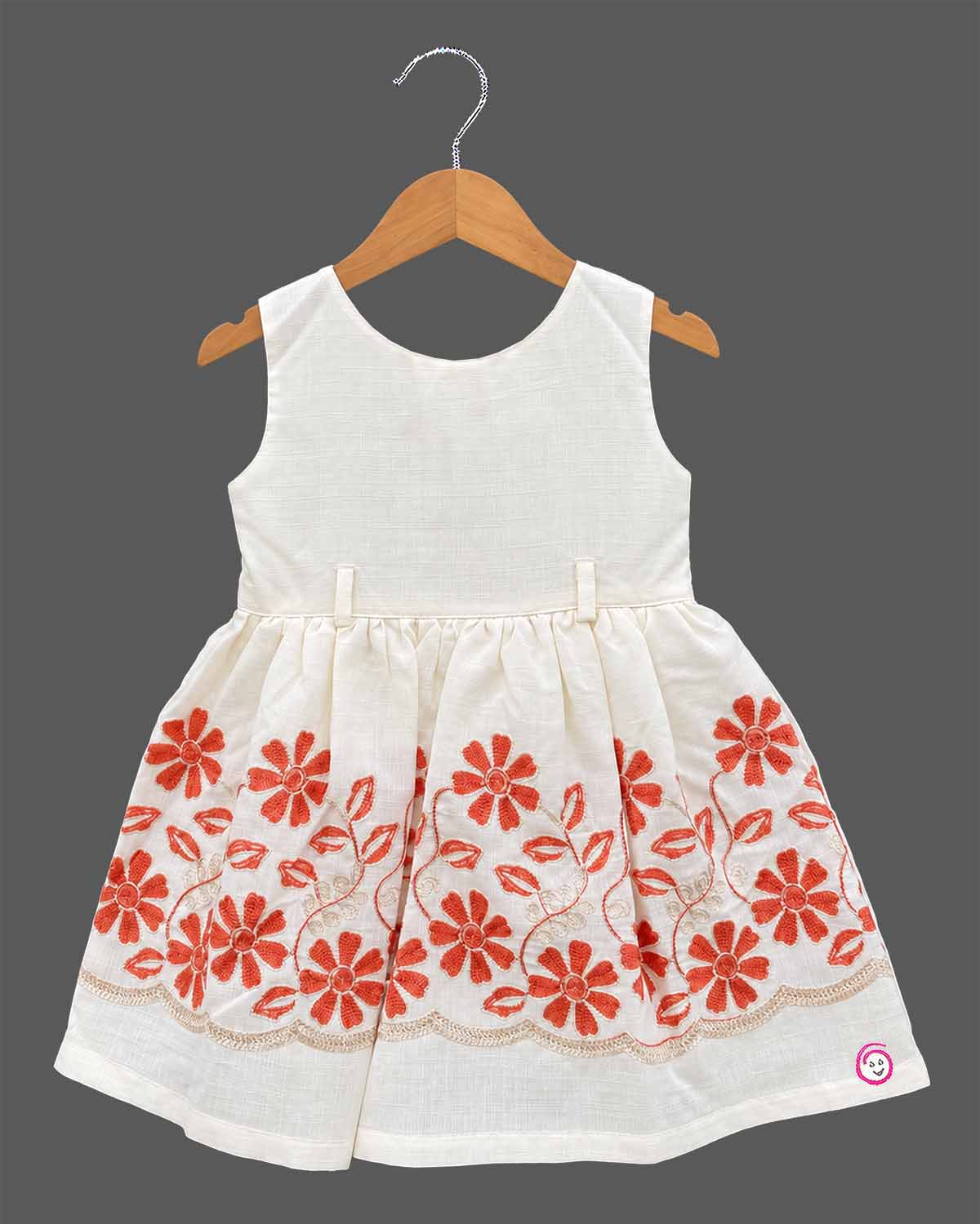 Little princess cream and rust orange floral embroidered cotton frock with short puff sleeve jacket for girls