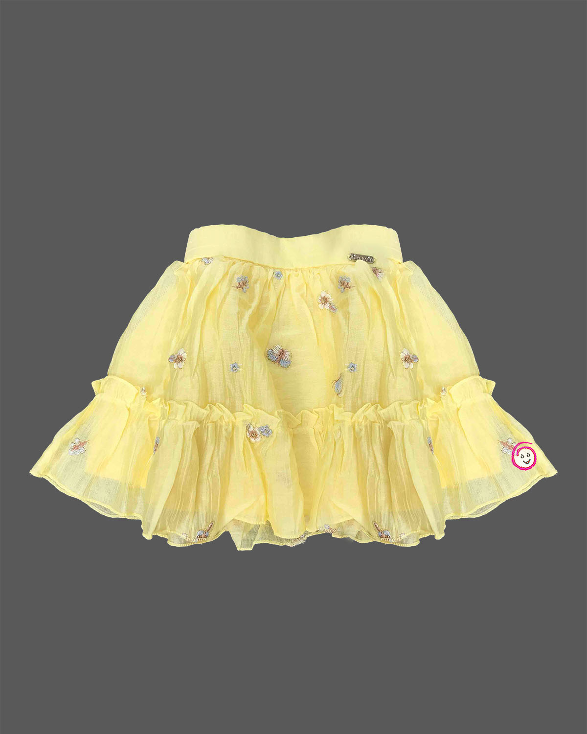 Girls blue denim strappy top with ruffle flower and yellow net embroidered skirt set