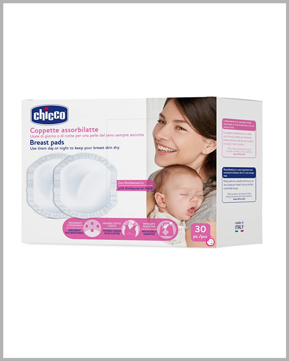 Chicco Breast Pads With Anti-Bacterial Fabric White - (30 Pcs)