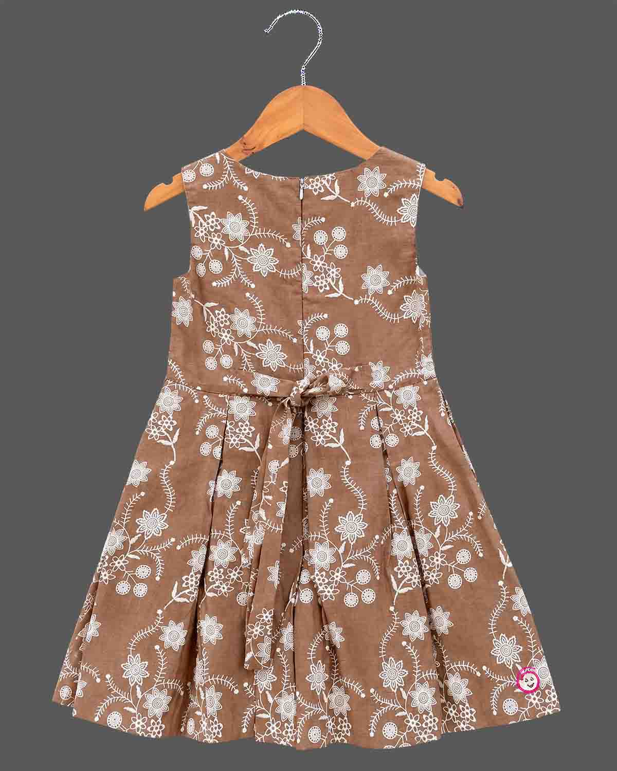 Little girl brown embroidered cotton frock with off-white lace shrug jacket for casual wear and parties