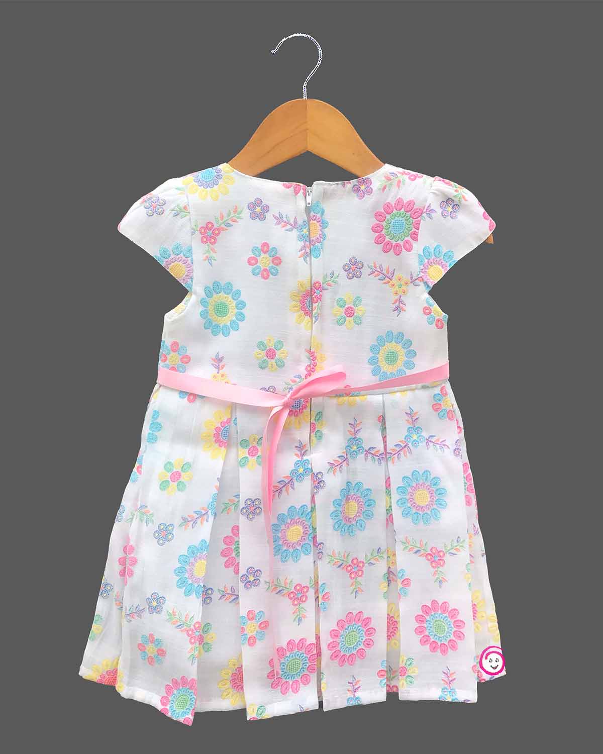 Little princess floral printed casual frock with pleated skirt and decorative waist flower for comfortable everyday kids fashion