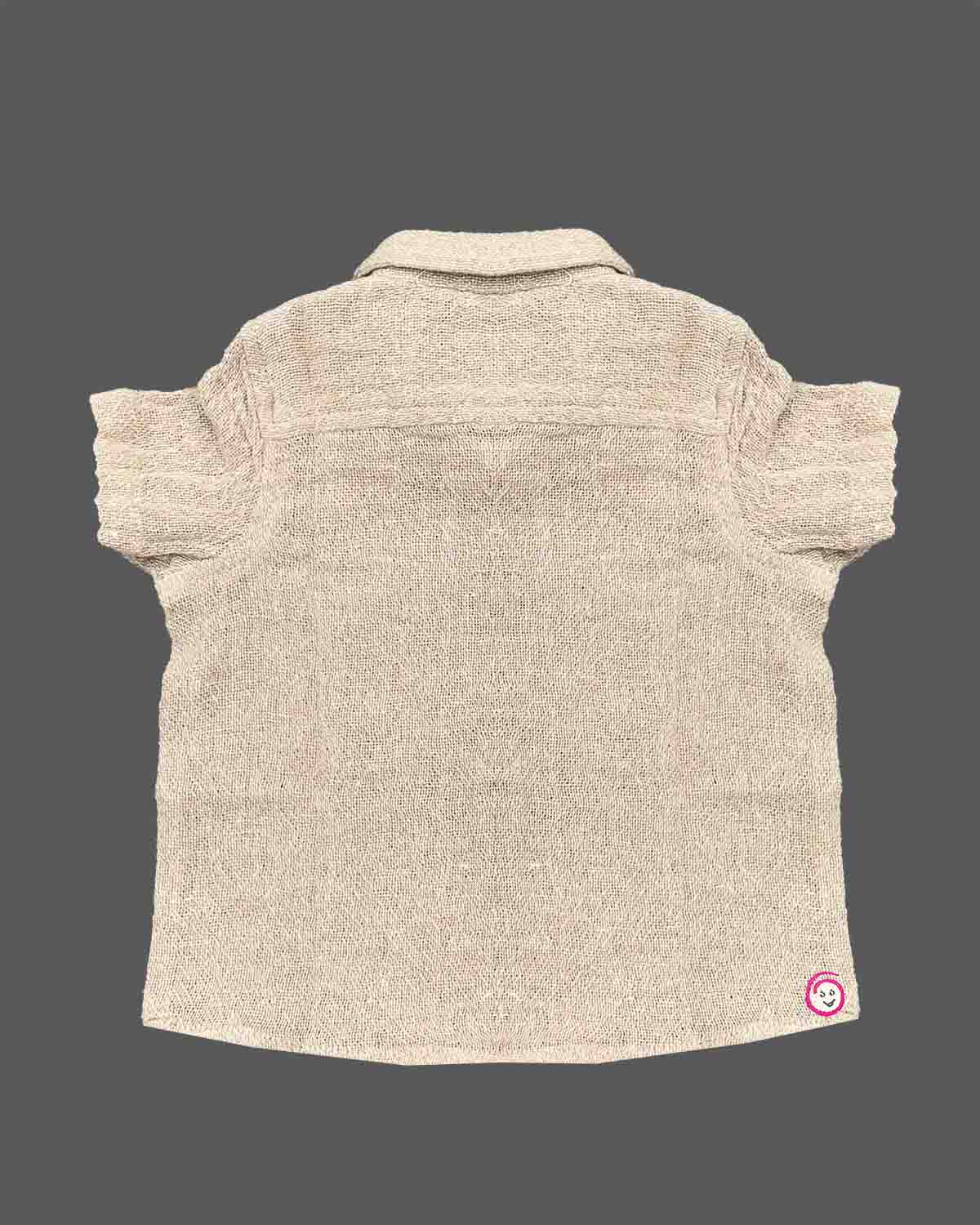 Infant woven cotton short sleeve shirt with collar and button closure for outdoor playdates