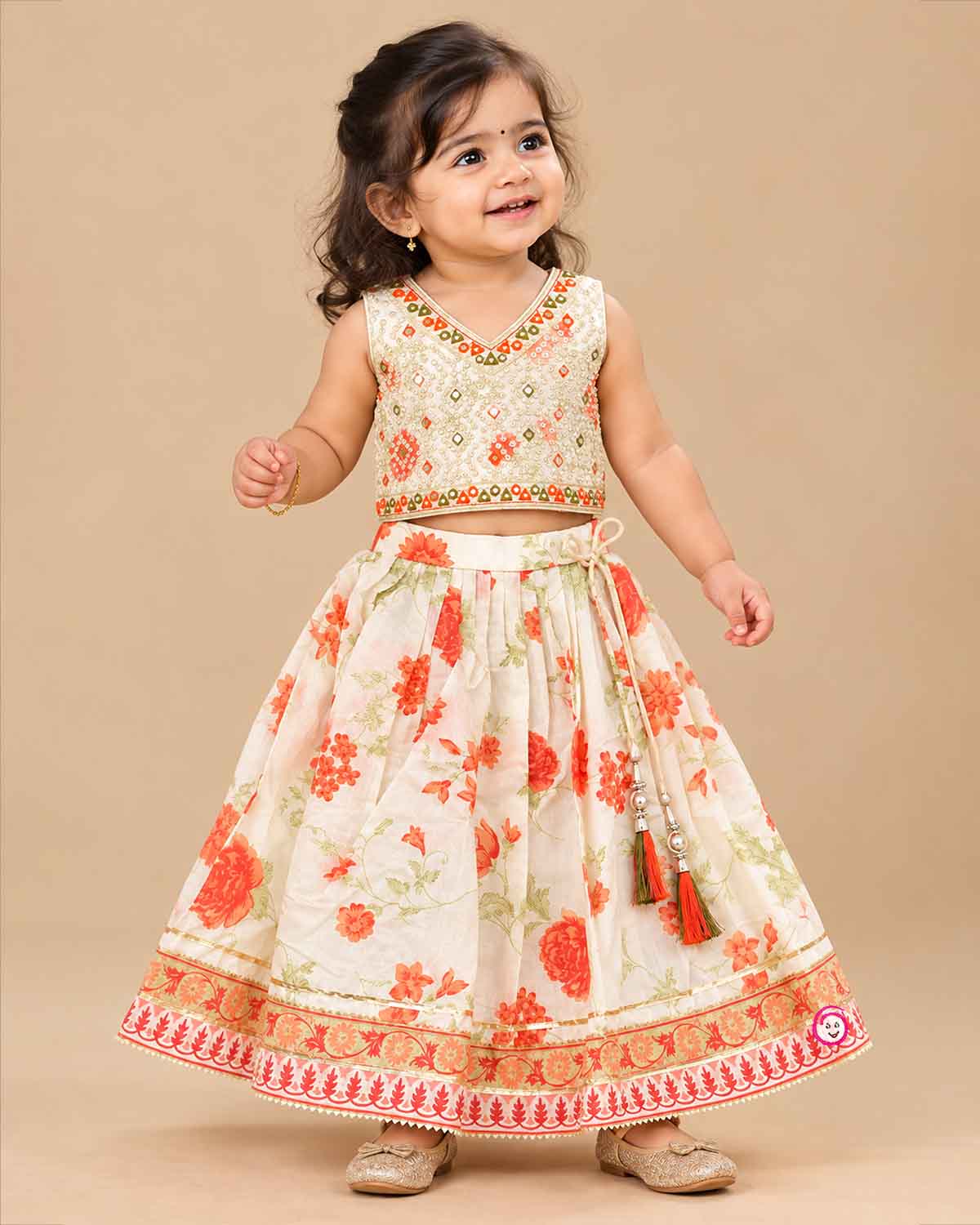 Mirror-embroidered half saree for kids set featuring V-neck choli, printed skirt, and sheer dupatta