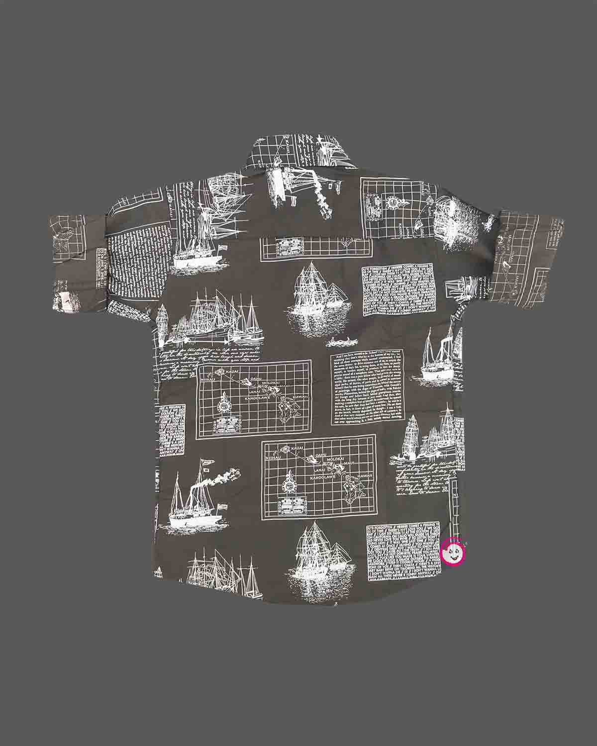 Toddler boys casual button-down shirt featuring a vintage nautical print of sailing ships and maritime maps.