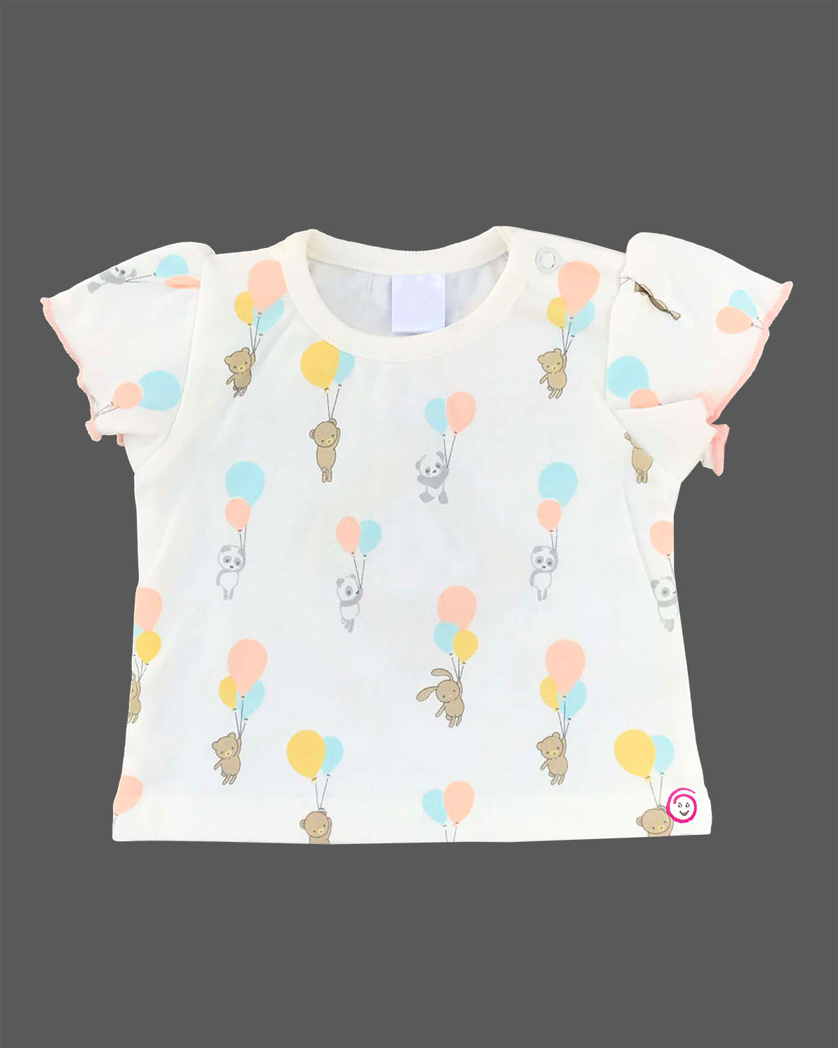 Peach baby girl cotton knit pinafore dress with bunny embroidery and white frill sleeve floating bear balloon print top