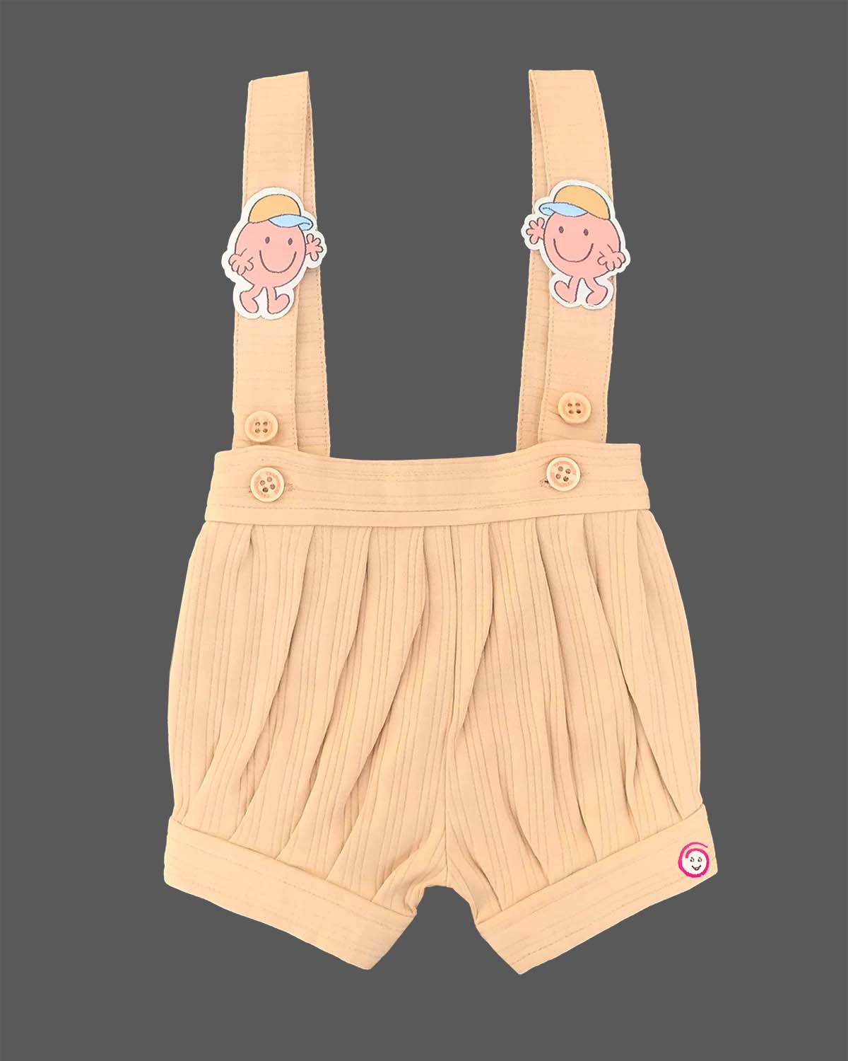 White doodle print t-shirt and beige Candy House boys suspender shorts set for birthday parties, casual outings, and summer playdates