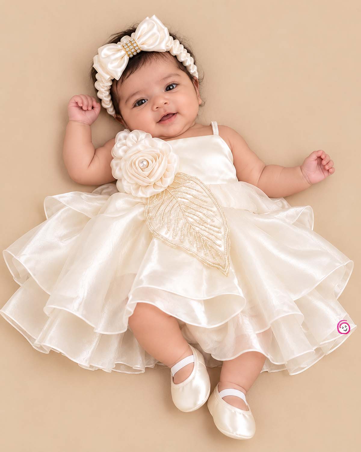 Off-white satin and organza party frock for baby girls featuring a large satin rose, embroidered leaf detail, and pearl embellishments