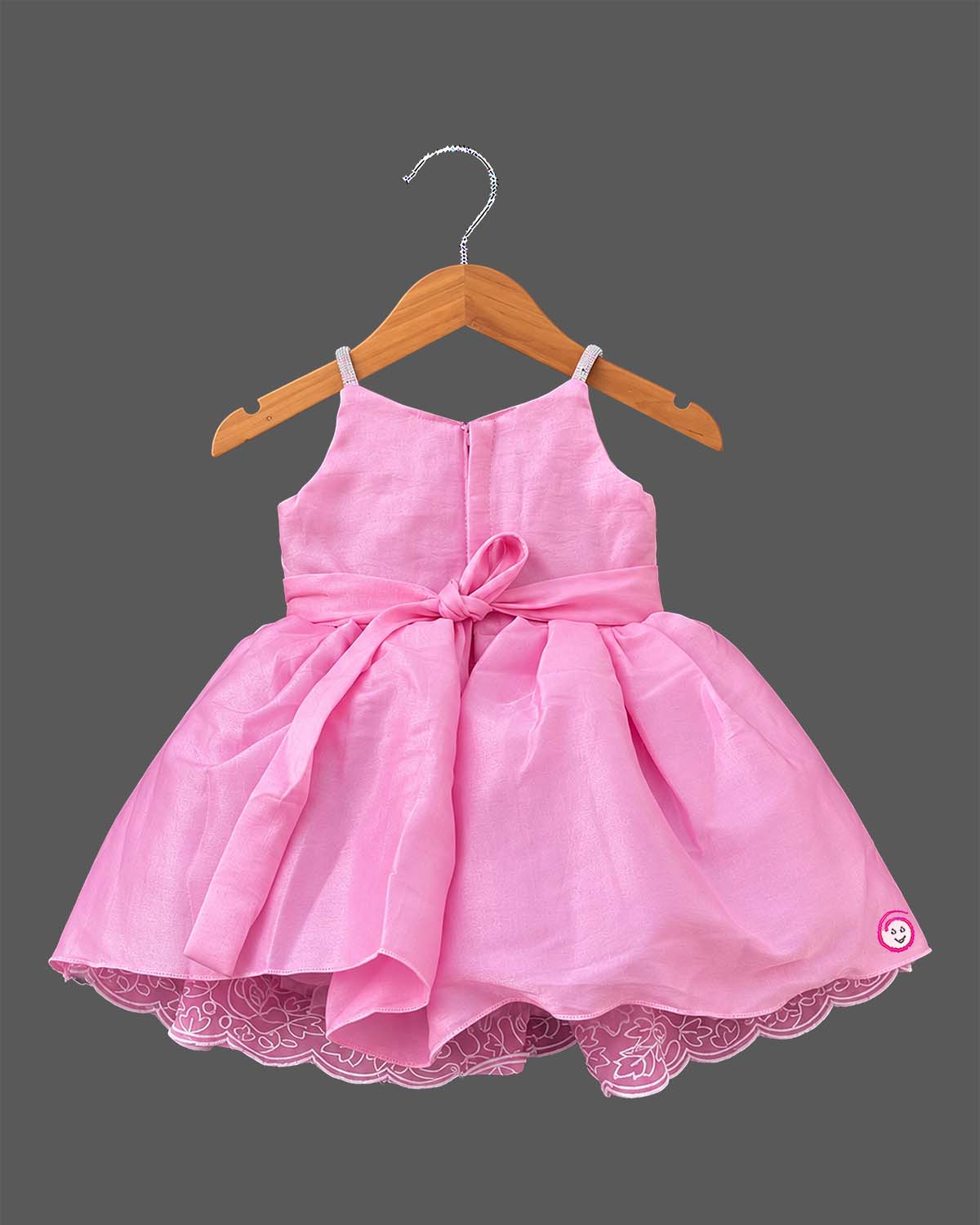 Little Girl Pink Embroidered Net Party Frock with Bow Detail and Scalloped Hemline