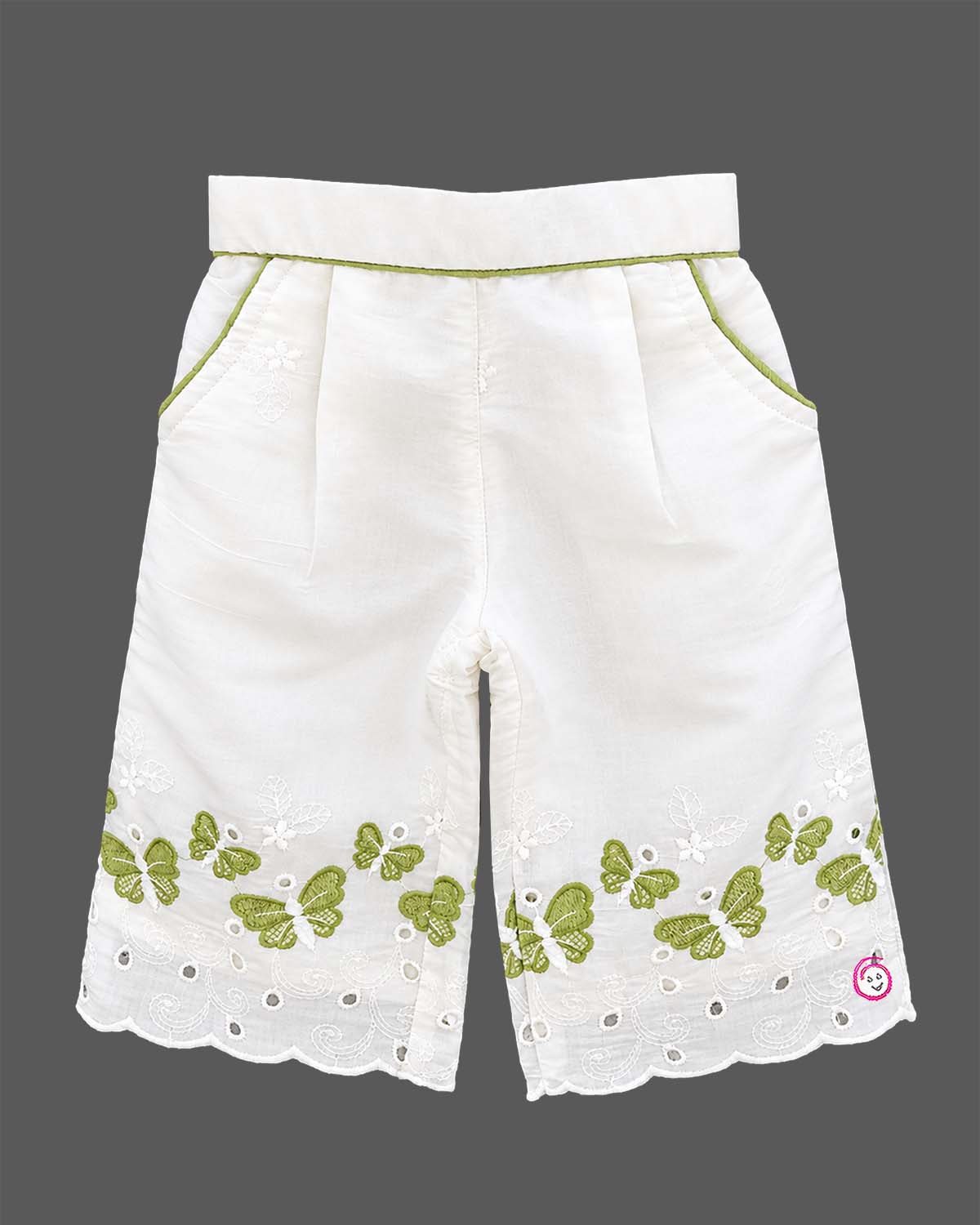 Sleeveless embroidered top with butterfly motifs and matching pleated pants with scalloped hems