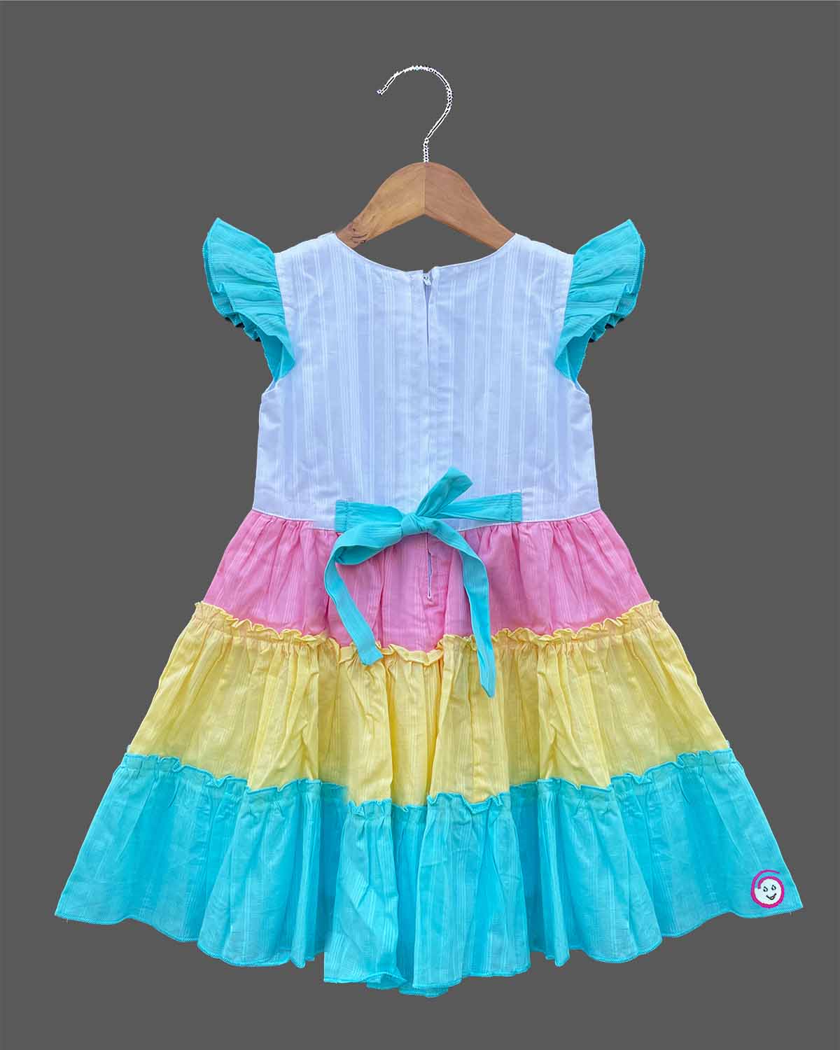 Multicolor pink yellow blue white cotton tiered frock with frill sleeve