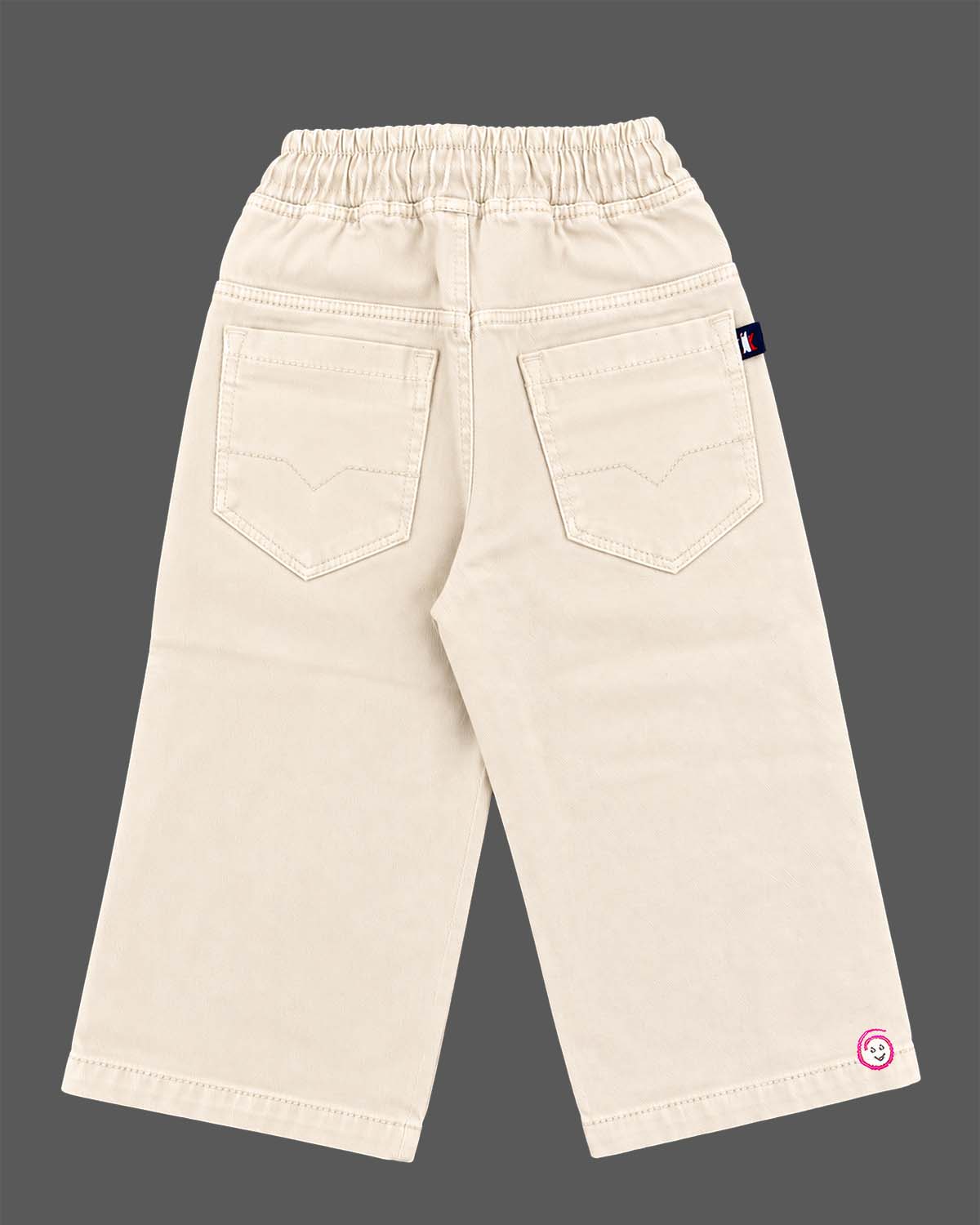 Boys straight leg cotton trousers featuring an elasticated drawstring waistband, coin pocket detail, and front pockets