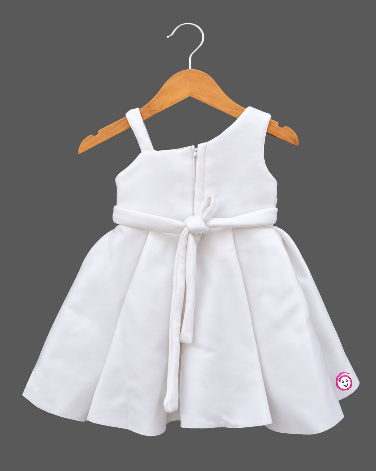 Toddler girl pleated scuba frock featuring oversized fabric rosettes and one-shoulder strap for festive events