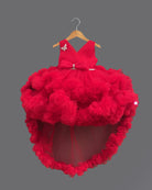 Girls bow applique ruffled elegant tail frock  - Red