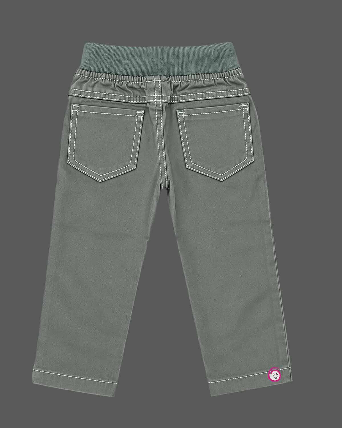 Cotton pant with adjustable ribbed drawstring waistband and contrast topstitching party wear for boys.