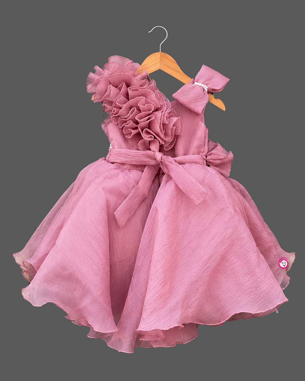 Toddler girl ruffled organza party frock featuring asymmetrical butterfly ruffles and matching bow headband