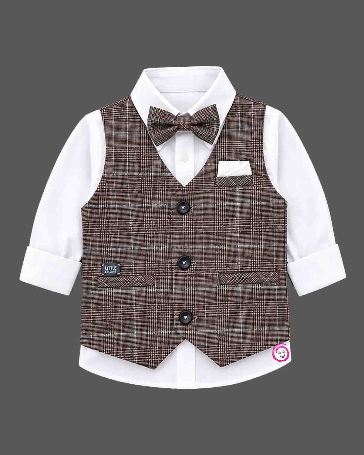 Toddler boys indo western dress for boys featuring structured check waistcoat, crisp shirt, matching pant, and bow tie.