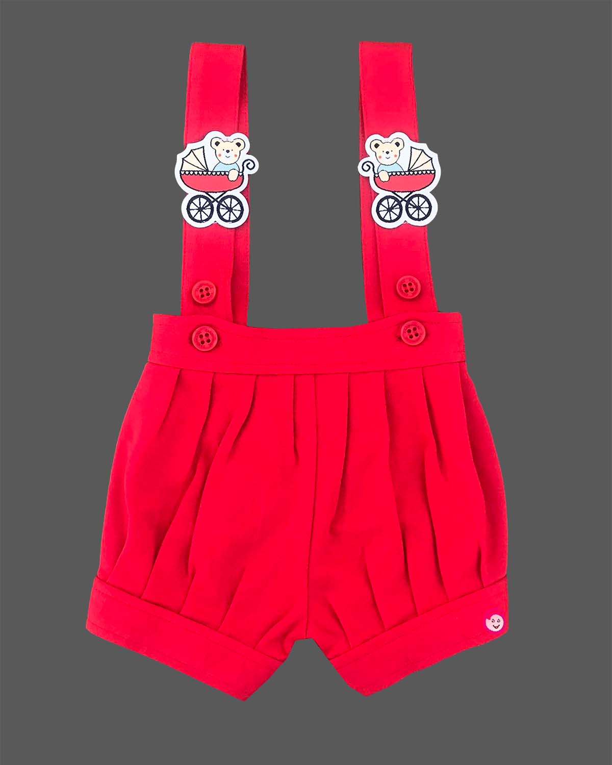 Red baby girl cotton knit suspender shorts with teddy bear stroller badges and white t-shirt with red bow and toy print