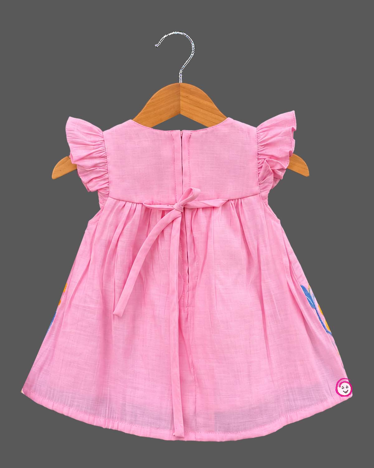 Toddler embroidered flared frock featuring a botanical hem and frilled sleeves