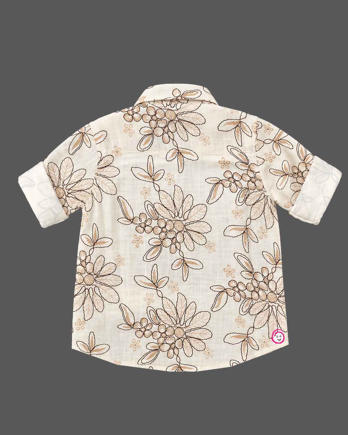 Baby boy floral embroidered cotton shirt with roll up sleeves and spread collar