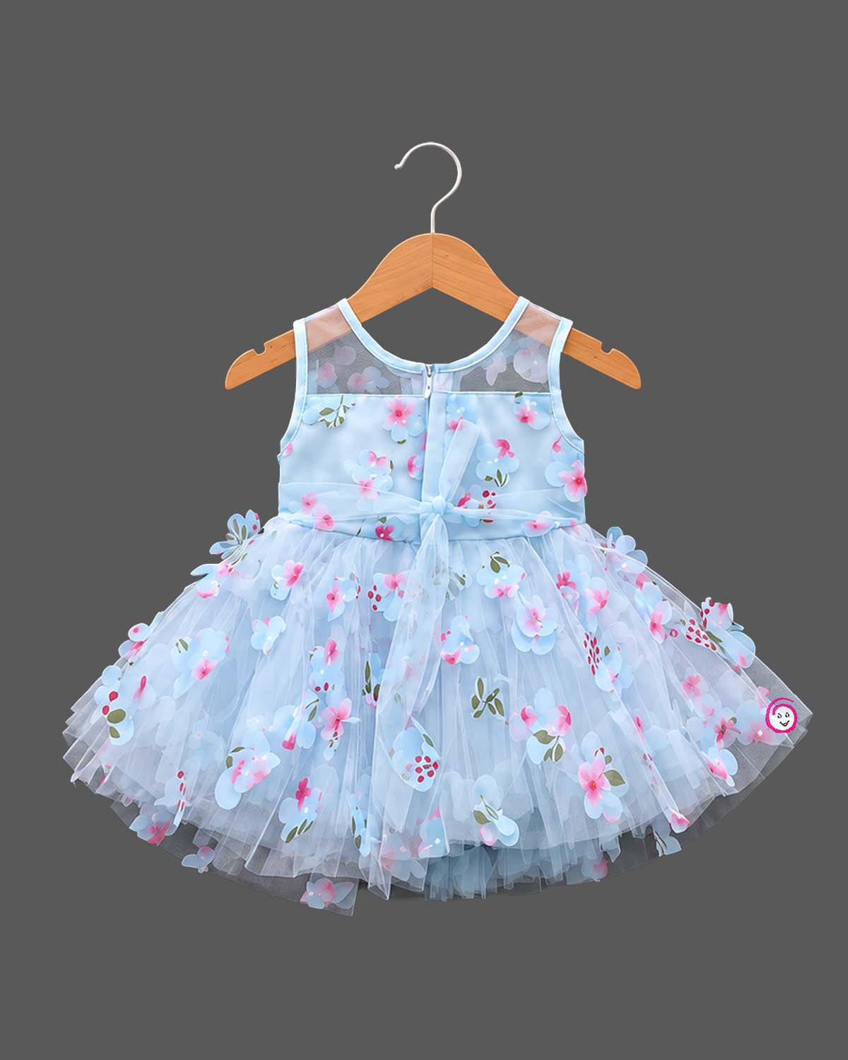 Floral appliqué tulle baby party wear dress with layered net skirt and illusion neckline