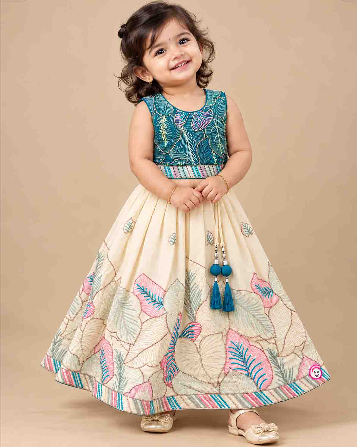 Girls sleeveless botanical embroidered lehenga choli for kids with pleated skirt and net dupatta