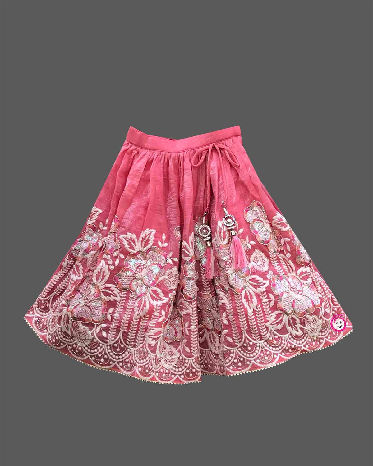 Baby girls sequin embroidered scalloped choli top with matching flared lehenga skirt and dupatta set