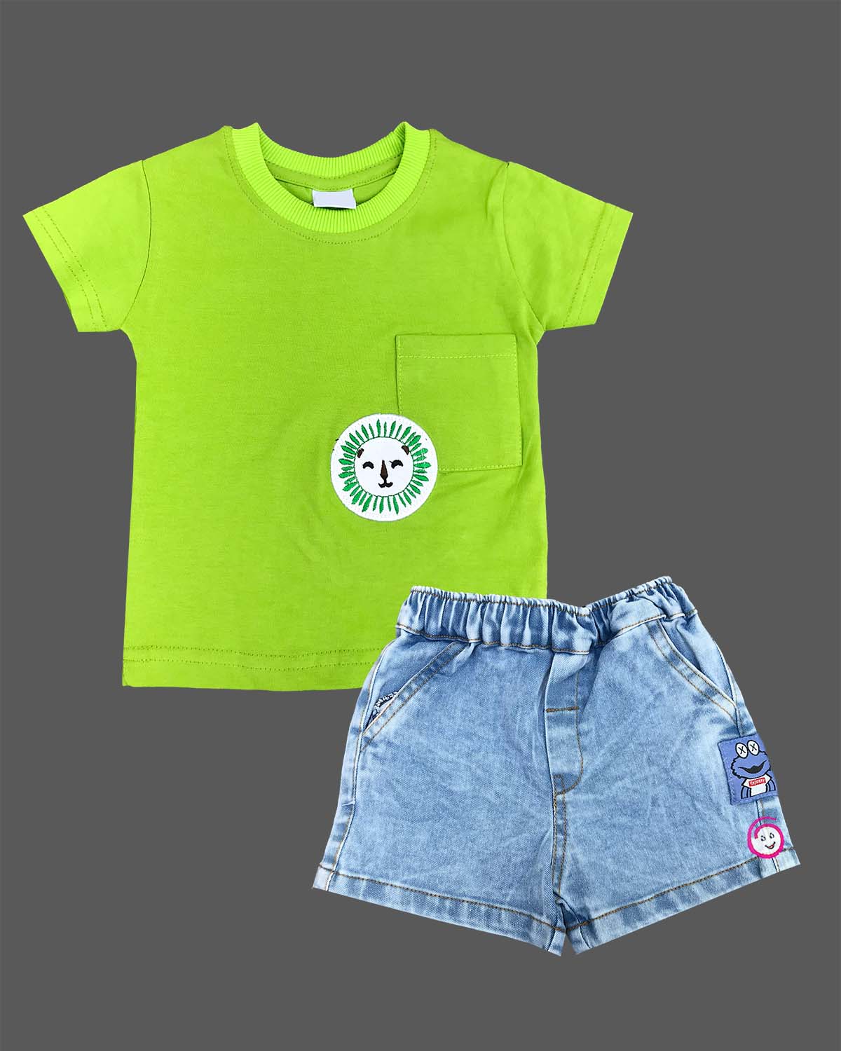 Lime green lion patch knitted top and denim shorts set for kids birthday parties, family outings, and festivals