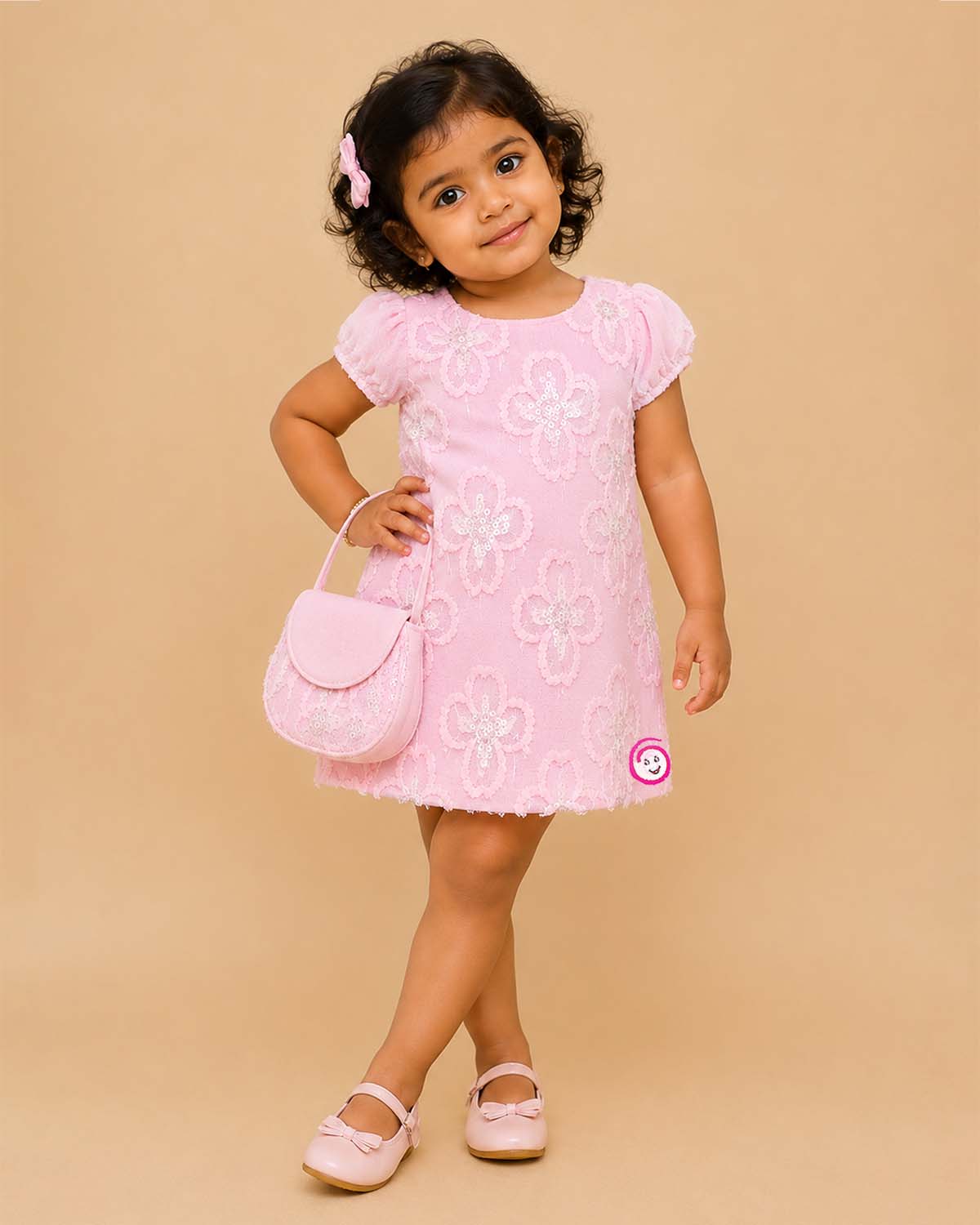 Pink floral textured applique baby girl midi dress for family dinners, evening outings, and smart casual wear