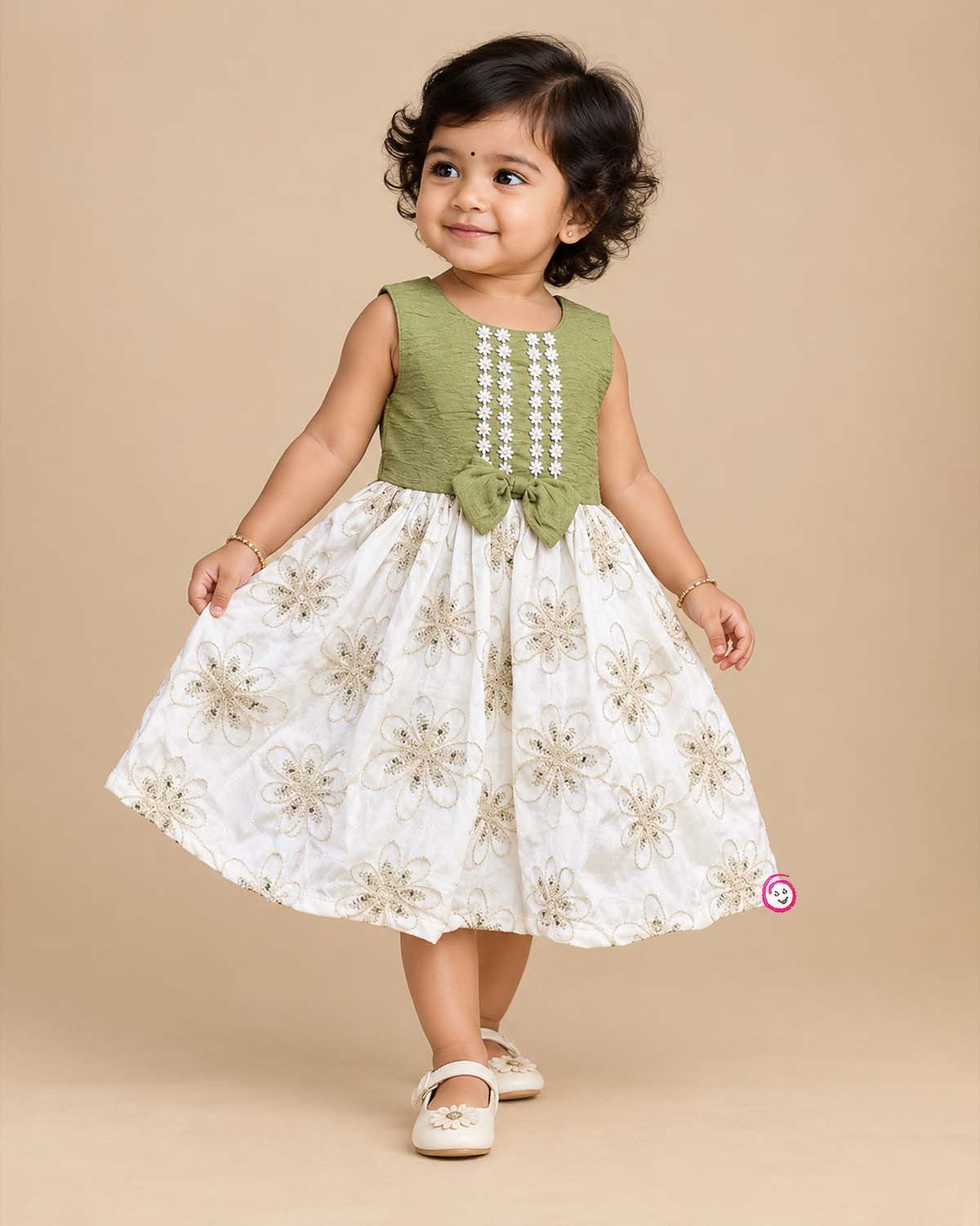 Toddler girl sleeveless embroidered party frock with floral design