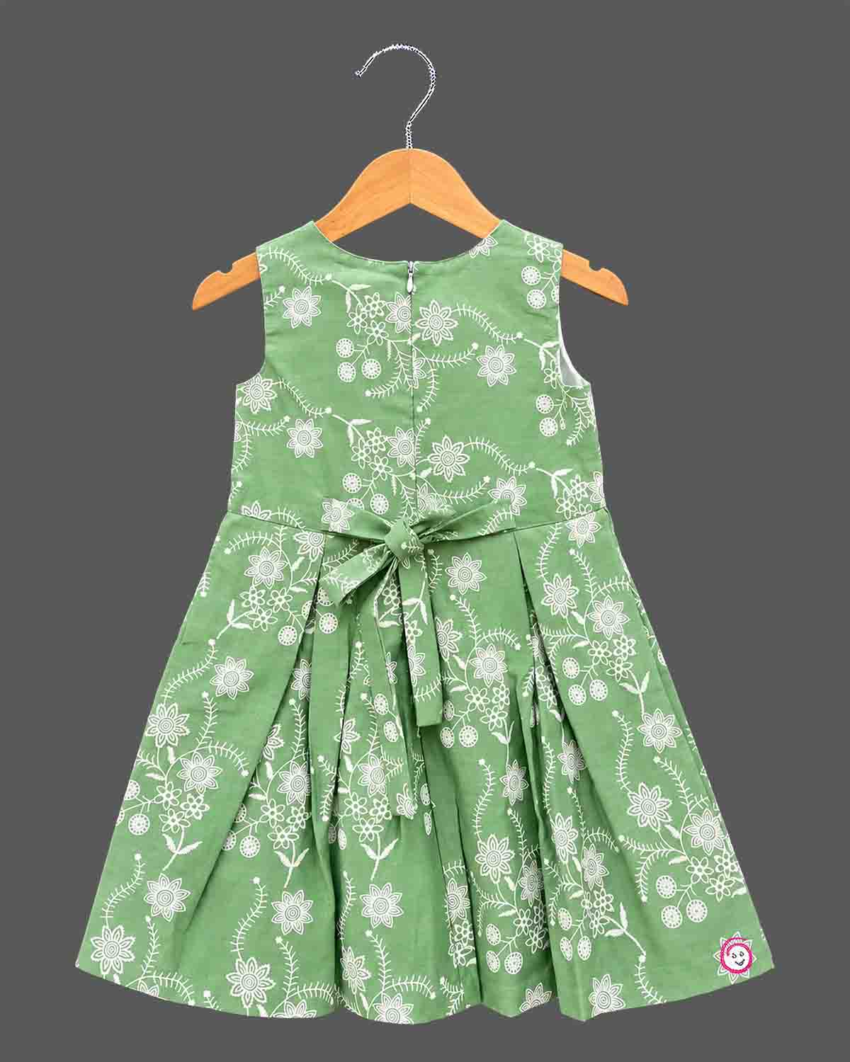 Toddler sage green floral embroidered cotton frock with off white lace jacket for casual wear
