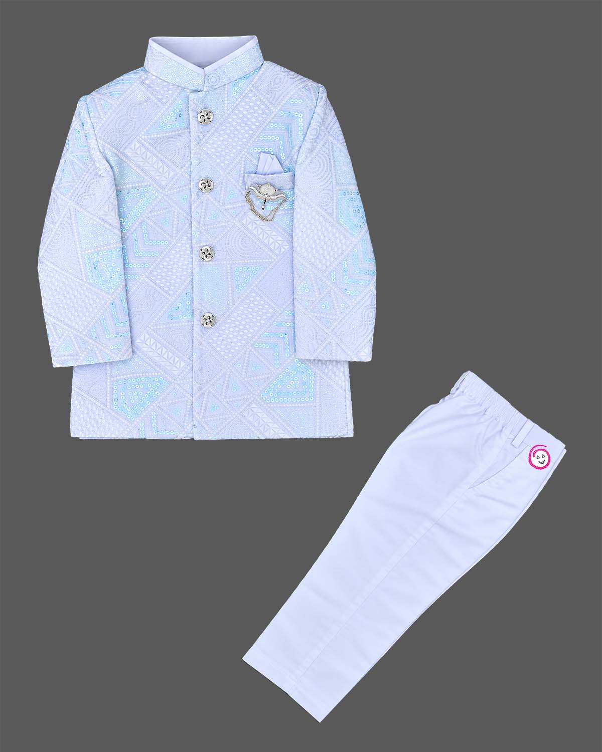 Sky blue embroidered sherwani set with white pyjama for boys by OPUS RKID