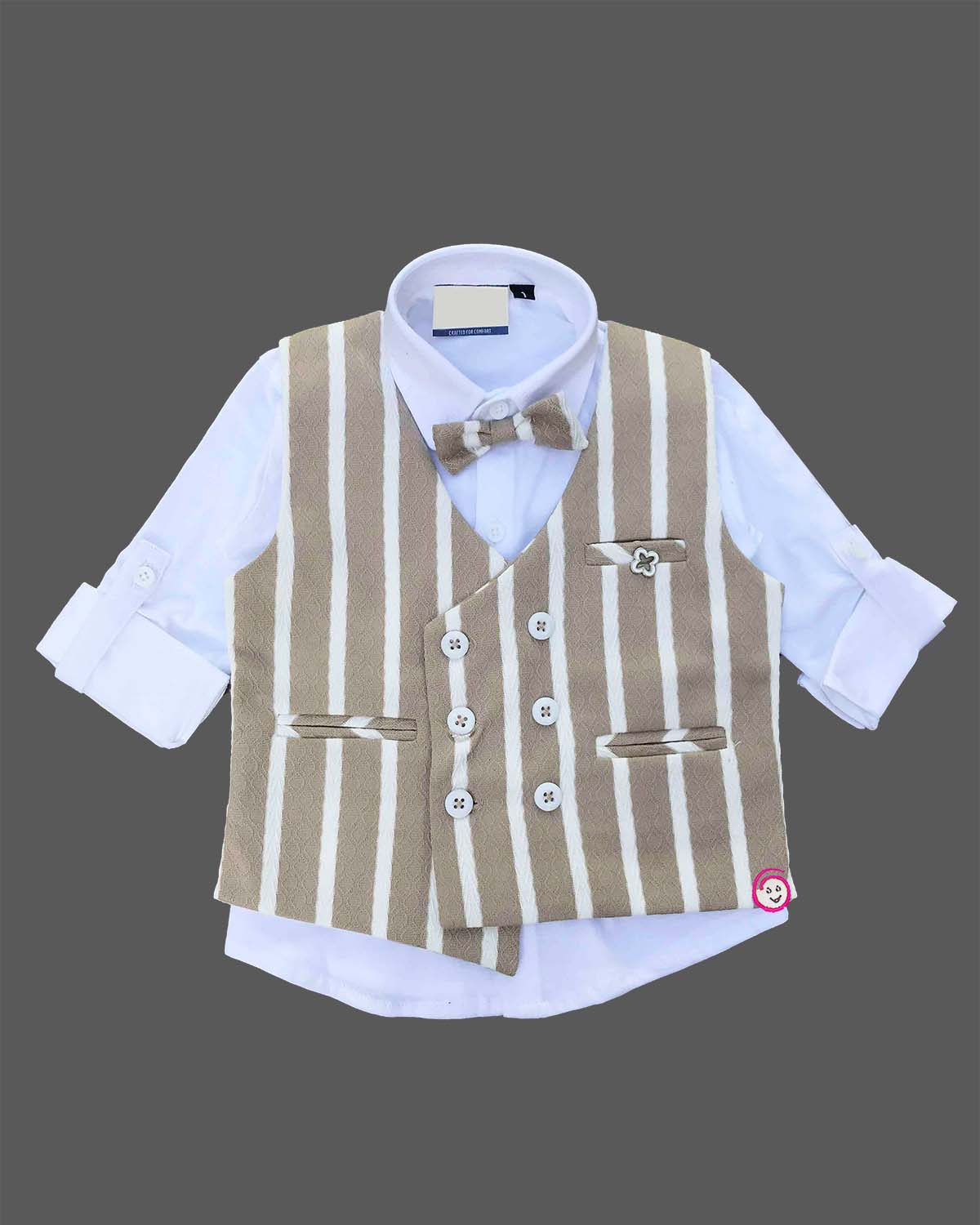 Beige striped waistcoat suit set with white shirt and bow tie for toddler boys