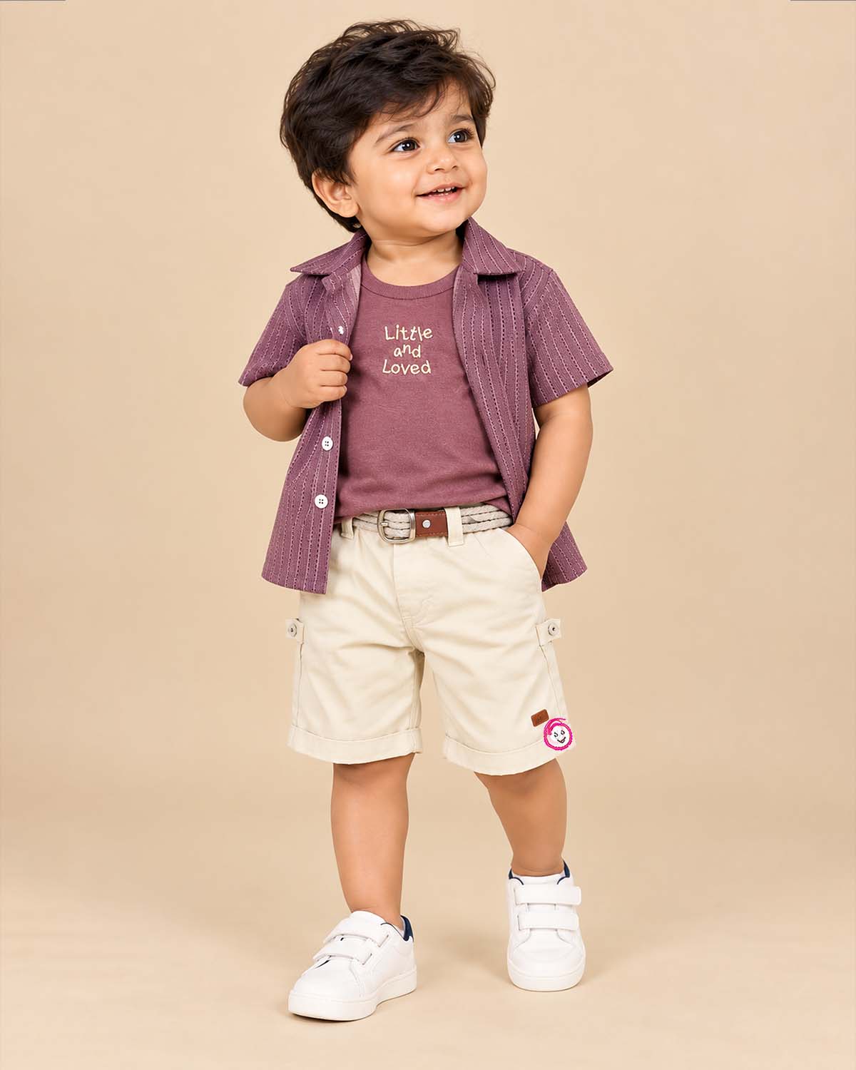 Toddler boys self-patterned collar short sleeve button-up shirt and shorts with rope belt