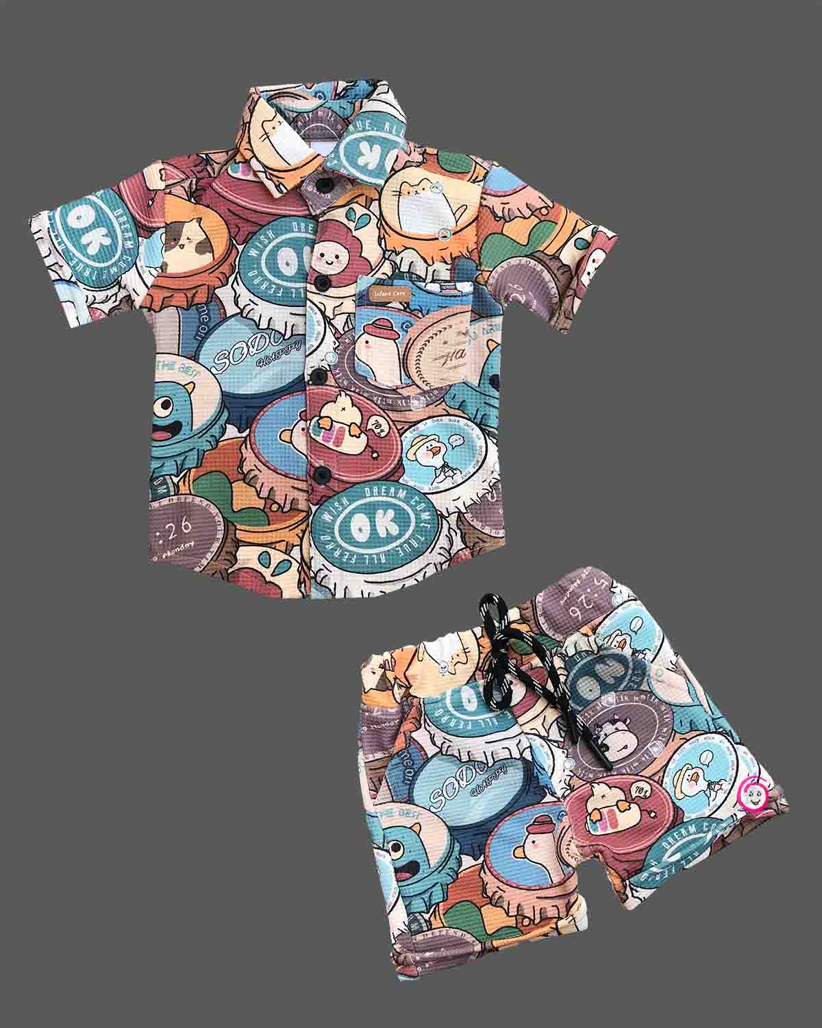 Baby boy playful graphic print short sleeve button-down shirt and matching drawstring shorts set for kids everyday playwear