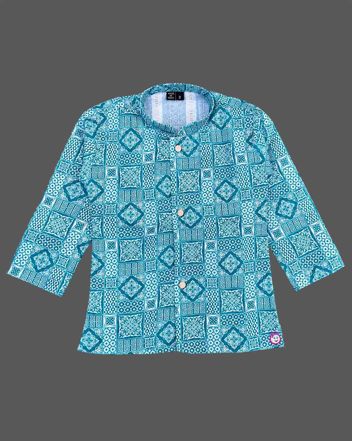 Baby boy geometric printed cotton kurta with mandarin collar and matching elasticated dhoti bottoms