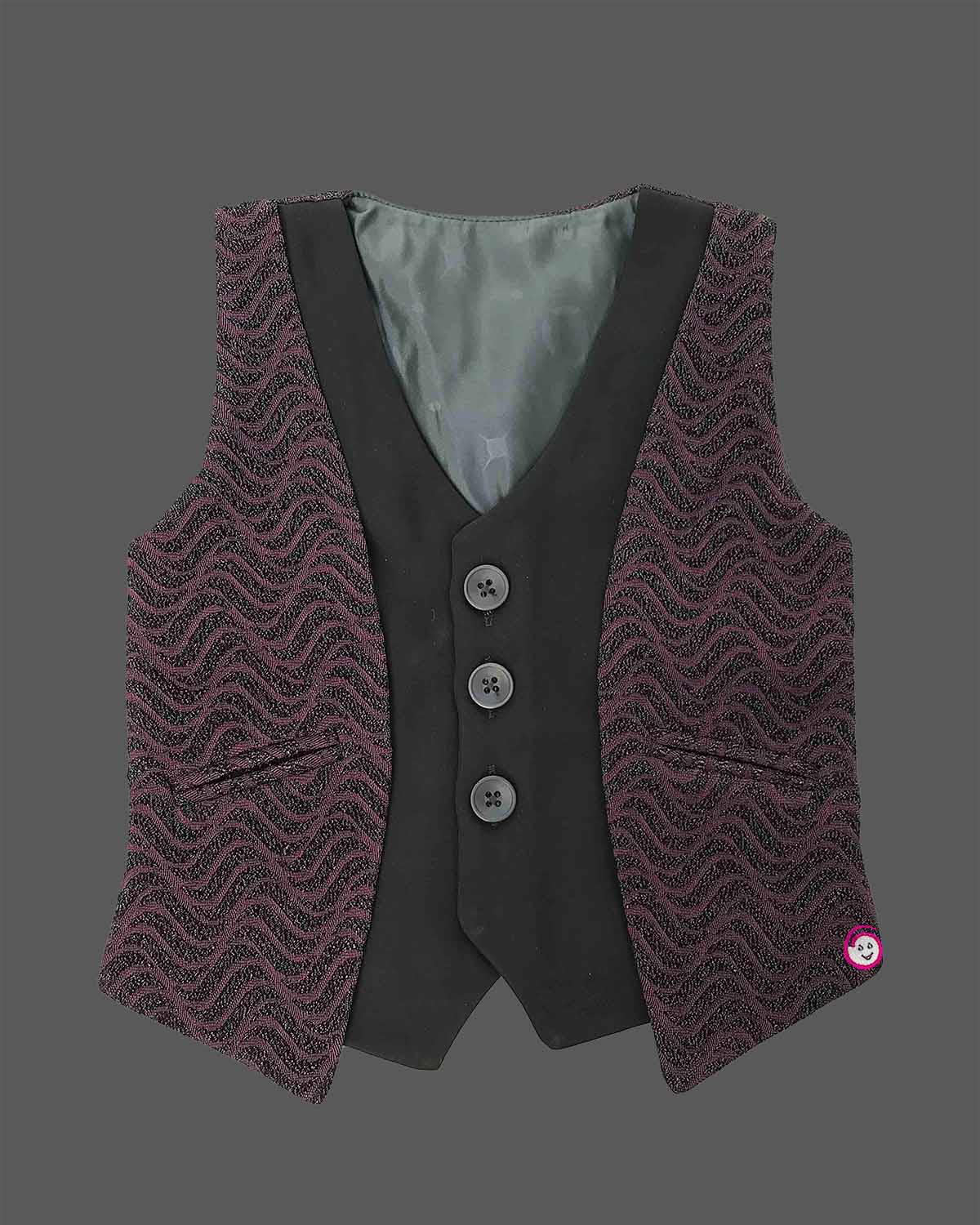 Black and wine purple textured velvet waistcoat suit set with bow for boys