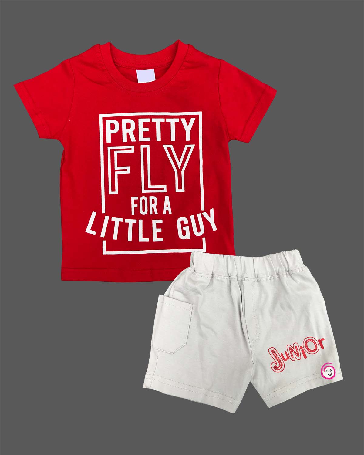 Red graphic t-shirt with Pretty Fly typography print and light grey elasticated shorts baby boy top and shorts set for summer vacations, playdates, and park outings