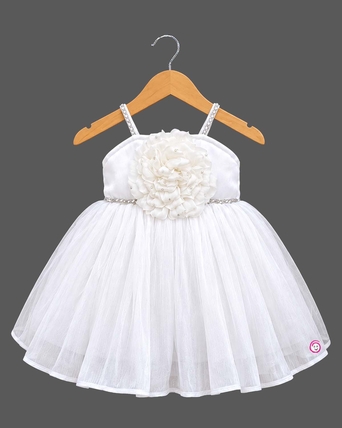 Flared netting baby party wear dress with oversized bodice rosette, matching bow headband, and soft booties.