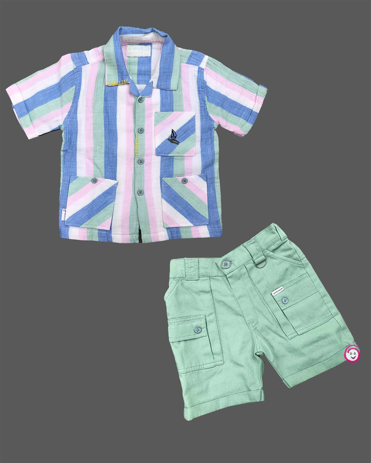Boys multi pocket vertical striped shirt with matching cargo shorts two piece outfit