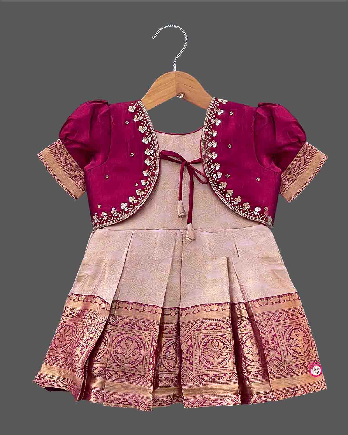 Infant ethnic wear cotton silk frock with pattu pavadai inspired zari border for festivals