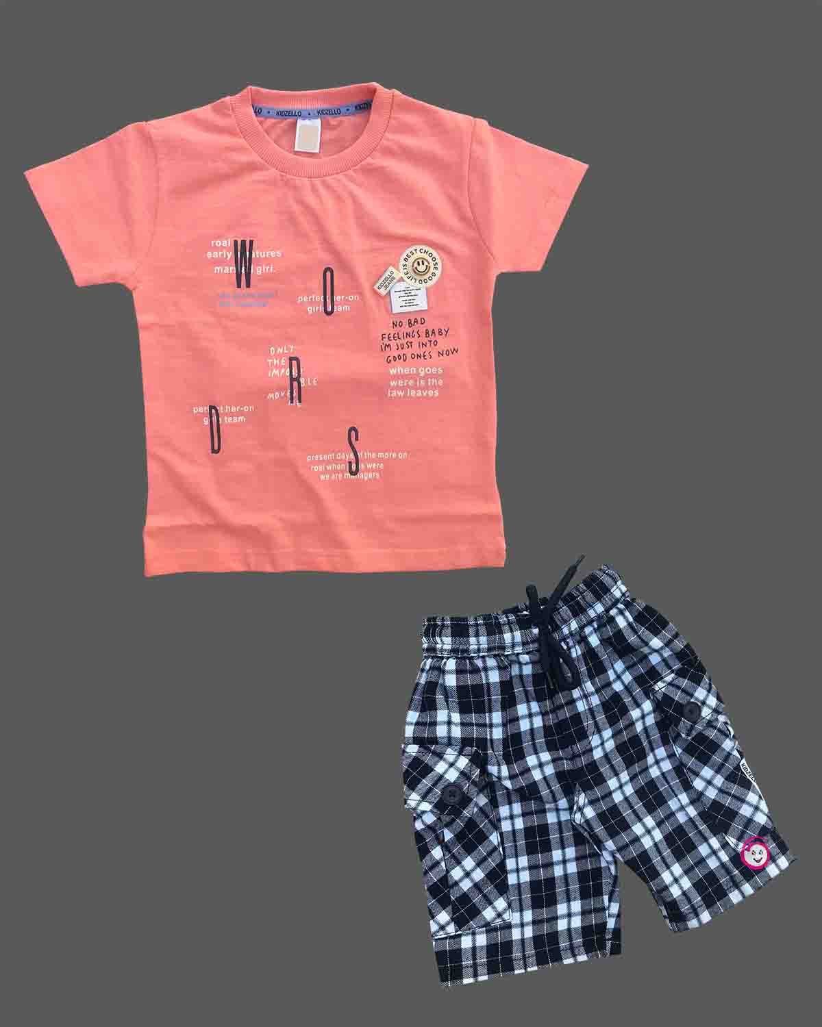 Toddler boy typography graphic tee with elastic drawstring checkered cargo shorts