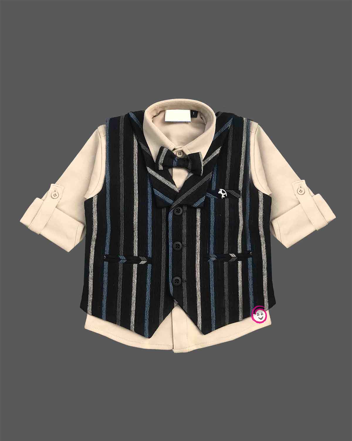 Little gentleman striped waistcoat suit set with shirt Pant and bow tie for boys