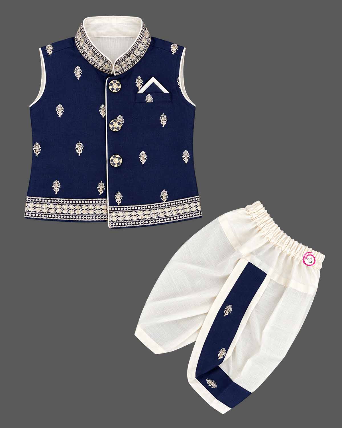 Baby Boy Ethnic Wear set with contrast panel dhoti, sleeveless embroidered and collar